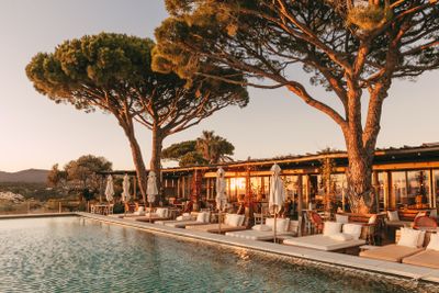 a large pool with lounge chairs and umbrellas next to trees