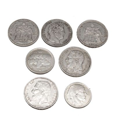 FRANCE et BELGIQUE Lot de 7 pièces en argent comprenant :