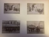 several old black and white photos of people and horses in a town