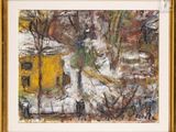 an image of a painting of a yellow house in the snow