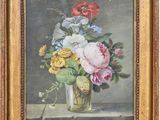 painting of flowers in a glass vase on a table