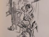 a black and white drawing of a woman sitting in a chair