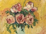 a painting of roses in a vase on a table