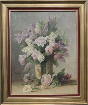 tableau représentant un bouquet de fleurs dans un vase posé sur une table