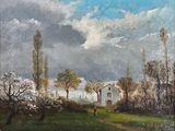 peinture représentant un paysage avec une maison et des arbres au premier plan