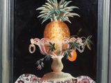 a painting of a pineapple and oranges in a vase