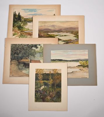 five watercolor paintings of a landscape and a river in the distance