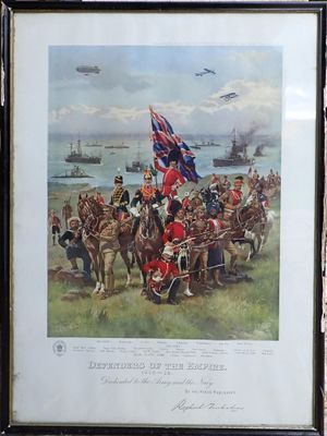 painting of a group of men on horses with a flag flying above them