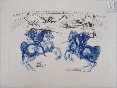 drawing of two horses with a man on one horse and a man on the other horse