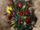 une peinture représentant un vase de fleurs sur une table