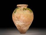 a large clay vase with moss growing on the outside of it