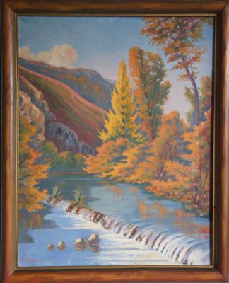 une peinture à l'huile représentant une rivière avec une cascade au milieu