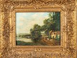 une peinture à l'huile représentant une scène de campagne avec une rivière et une maison