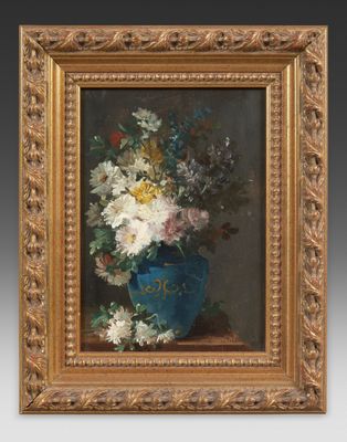 painting of flowers in a blue vase on a table