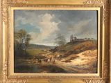l'image d'un tableau représentant un paysage avec un château au loin