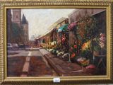 un tableau représentant une scène de rue avec des fleurs exposées