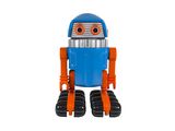 Ce robot-jouet est bleu et orange, avec des pattes orange.