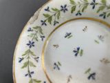a close up of a plate with blue flowers on it