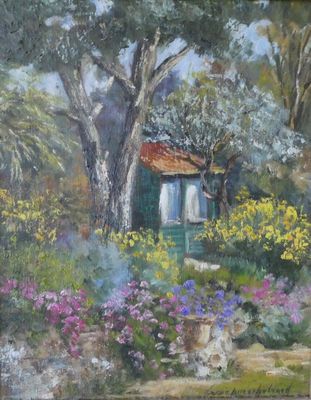 an oil painting of a garden with flowers and trees
