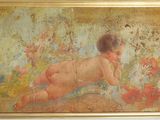 une peinture à l'huile représentant un enfant nu dans un champ de fleurs