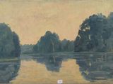 une image représentant un tableau d'un lac avec des arbres en arrière-plan