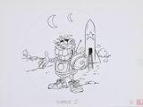 drawing of a cartoon character with a backpack and a knife