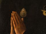 a painting of a man in a black coat with his hands folded up