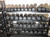 a rack of dumb dumbs in a gym room