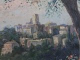 a painting of a view of a city from a hill