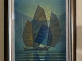 painting of a sailboat with sails floating in a body of water