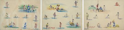 trois photos d'un tableau représentant des personnes sur une plage avec des parasols