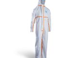 a person wearing a white and orange coverall with a hood