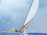 a painting of a sailboat sailing in the ocean