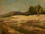 une peinture représentant un homme à cheval dans un champ