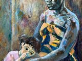 une peinture à l'huile représentant une femme tenant un enfant sur ses genoux