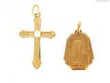 two small gold crosses and a small gold cross on a white background