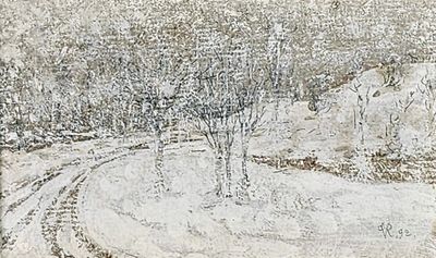 un dessin représentant une route enneigée avec des arbres en arrière-plan