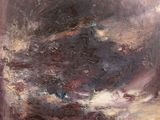 an oil painting of a boat in a body of water under a cloudy sky