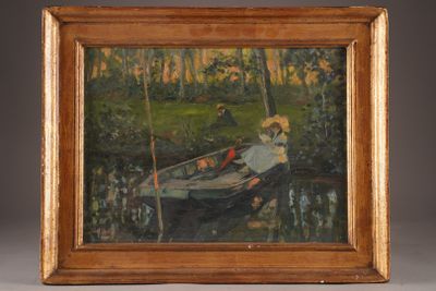 an oil painting of a man in a boat on a lake