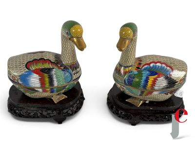 pair of colorfully painted ducks on wooden bases on a white background