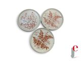 three plates with different designs on them on a white surface