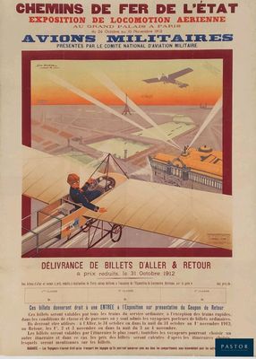 une vieille affiche française représentant un avion survolant une ville