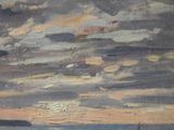 a painting of a boat on the water at sunset