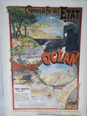 une vieille affiche représentant un train sur des rails au milieu de l'océan