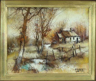 une peinture à l'huile représentant une maison dans un champ, avec des arbres et un étang