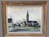 a picture of a painting of a church in the country