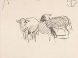 drawing of a man on a horse pulling a cart with two cows