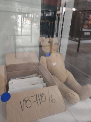 un ours en peluche assis dans la vitrine d'un magasin