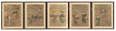 quatre tableaux asiatiques encadrés représentant des hommes à cheval tenant des lances