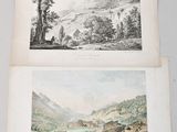two views of a mountain landscape with a village in the foreground